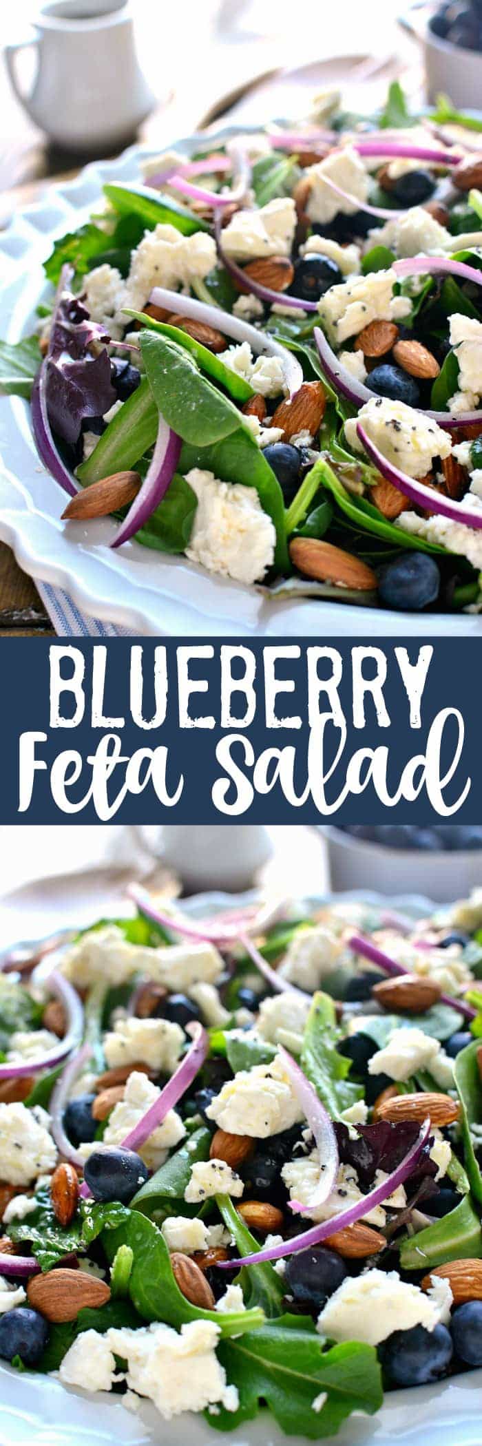This Blueberry Feta Salad is your new go-to salad for spring! It combines fresh blueberries with feta cheese, almonds, and a lemon poppyseed vinaigrette. Perfect for a baby shower or Easter celebration!
