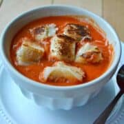 Fire-Roasted Tomato Red Pepper Soup with Grilled Cheese Croutons