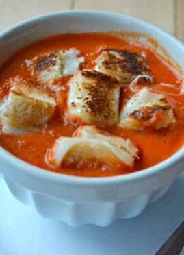 Fire-Roasted Tomato Red Pepper Soup with Grilled Cheese Croutons