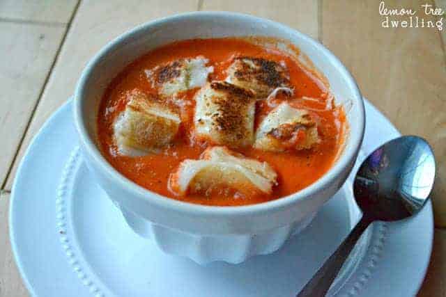 Fire-Roasted Tomato Red Pepper Soup with Grilled Cheese Croutons