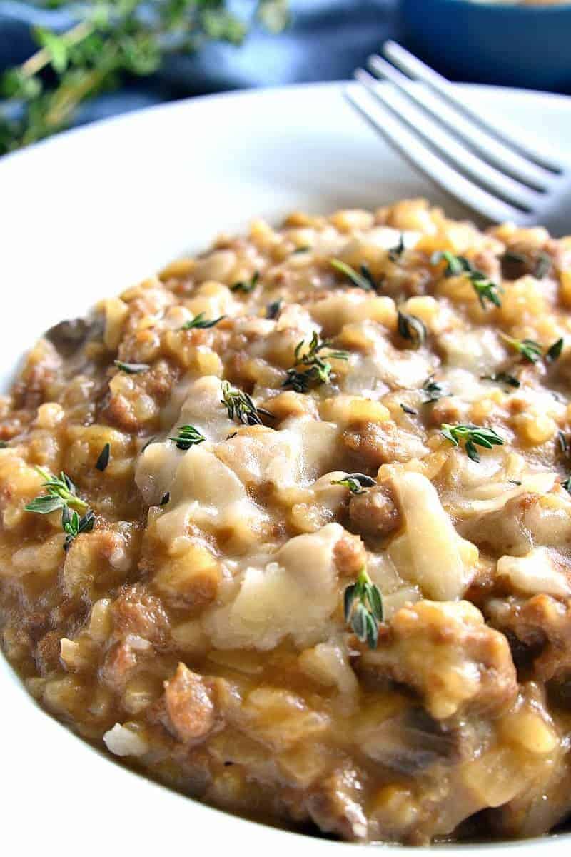 This French Onion Risotto is creamy, comforting, and bursting with French Onion flavor! Perfect for date night or anytime you want to impress.