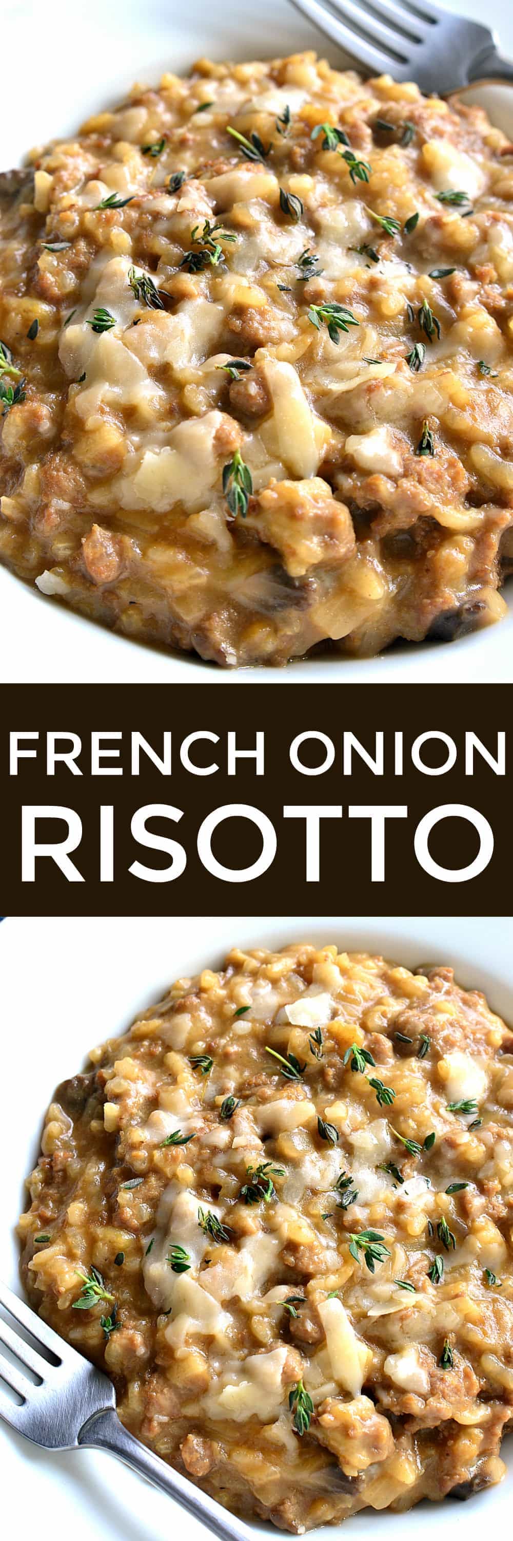 French Onion Risotto This French Onion Risotto is creamy, comforting, and bursting with French Onion flavor! Perfect for date night or anytime you want to impress....and ready in just 30 minutes!