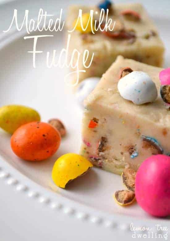 This Easter Fudge is loaded with malted milk balls and so fun for Easter! This 5 minute fudge comes together easily with no cooking required. A delicious treat!