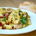 white dinner plate with sundried tomato pasta