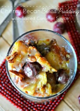 Cherry Pecan Bread Pudding with Salted Caramel Sauce is a delicious comfort food for those cold winter nights. Classic bread pudding made with pecans and cherries and topped with a creamy salted caramel sauce. So tasty!