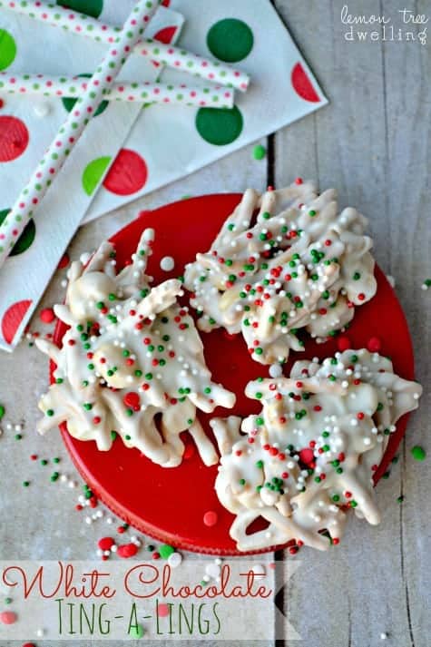 Crunchy peanuts and chow mein noodles, smothered in white chocolate and decorated with festive red, green & white sprinkles. A salty-sweet, crunchy treat!
