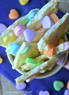 Conversation Heart Krispie Bark is a kid tested, kid approved dessert.