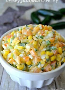 Jalapeno Corn Dip is loaded with fresh peppers, onions, cilantro, and cheese for a spicy Mexican dip