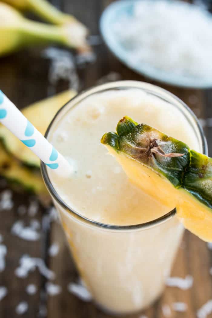 Banana Colada Smoothies - all the flavors of a pina colada, with the delicious addition of banana, in a tasty treat the whole family can enjoy!