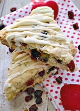 White Chocolate Cherry Scones are perfect with Bigelow Tea! These quick and easy scones are perfect for a late night snack or served with a cup of tea.