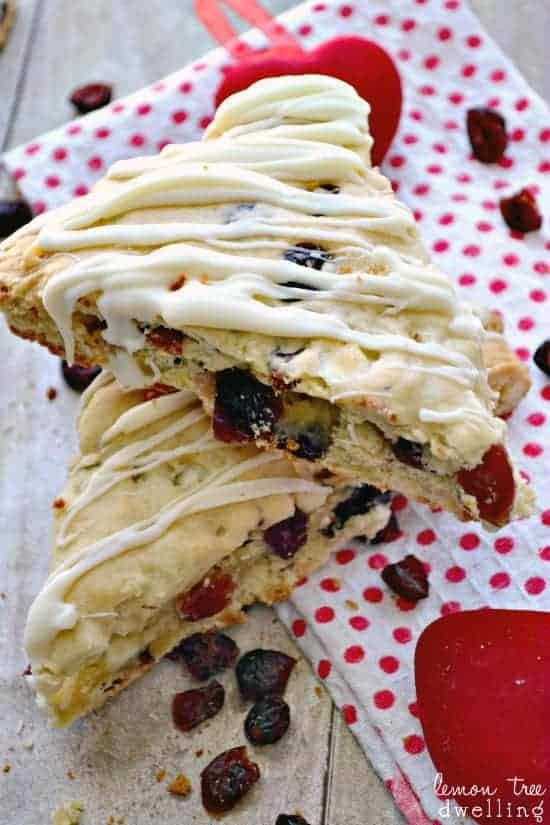 White Chocolate Cherry Scones are perfect with Bigelow Tea! These quick and easy scones are perfect for a late night snack or served with a cup of tea.