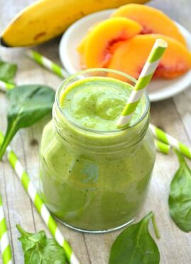 This Pineapple Peach Mango Green Smoothie is a delicious taste of the tropics!