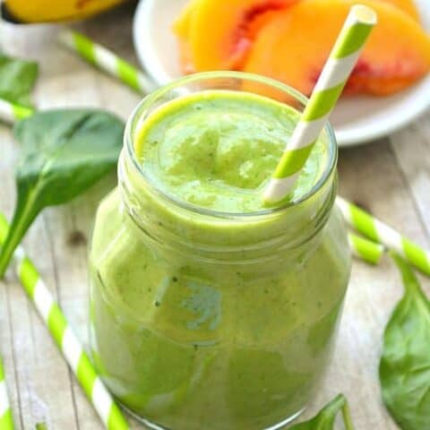 This Pineapple Peach Mango Green Smoothie is a delicious taste of the tropics!