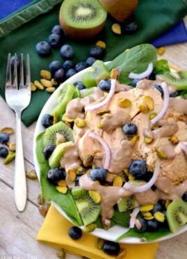 This Pistachio Spinach Salad is filled with delicious fresh ingredients and marinated chicken breast, perfect with a creamy balsamic dressing.