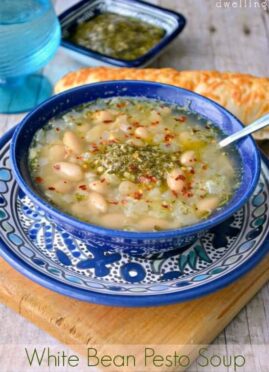 This White Bean Pesto Soup is made with just 7 simple ingredients and ready in less than 20 minutes! A quick, easy, and delicious dinner recipe!