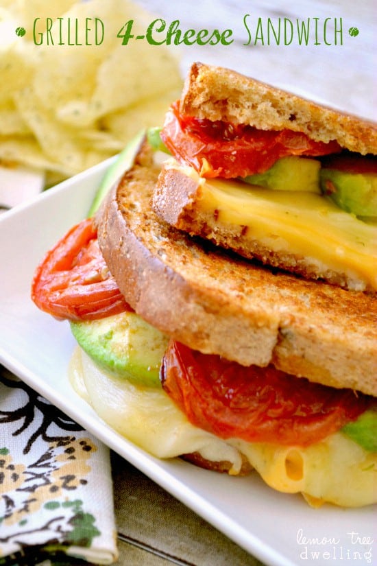 Delicious four cheese grilled cheese sandwich with avocado and tomatoes. The best grilled cheese RECIPE ever! #recipe 