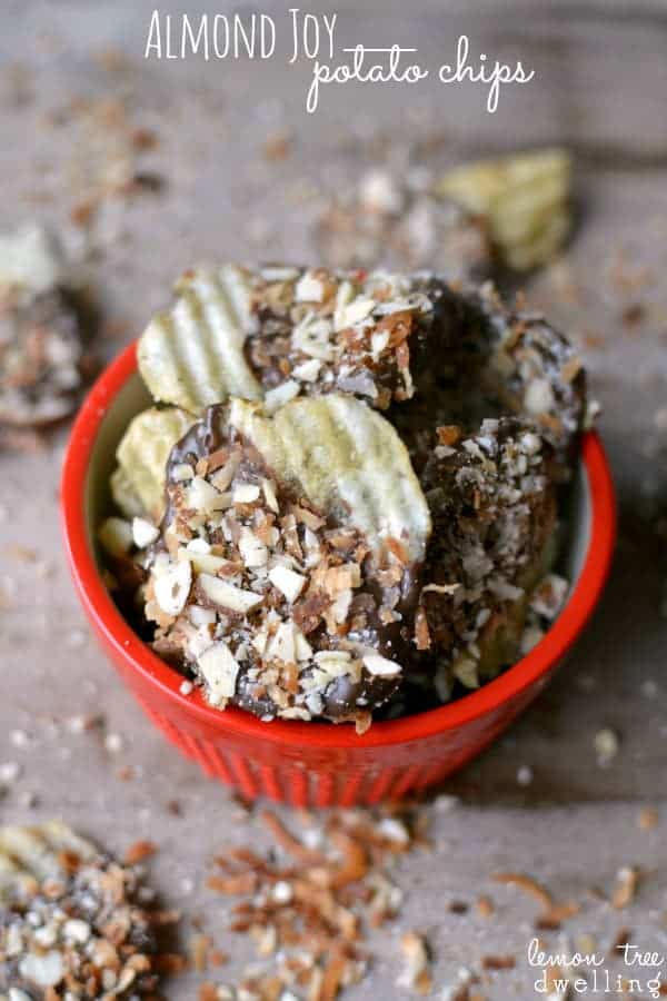 Almond Joy Potato Chips are a quick and tasty treat for any occasion! These are highly addictive! A crunchy, salty, sweet, and delicious treat! Have a handful!