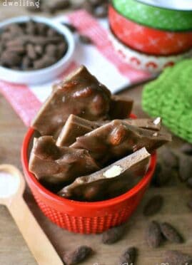 Cocoa Almond Brittle is an insanely easy no-bake dessert that is sure to be a crowd pleaser. Great for gift giving and holiday parties!