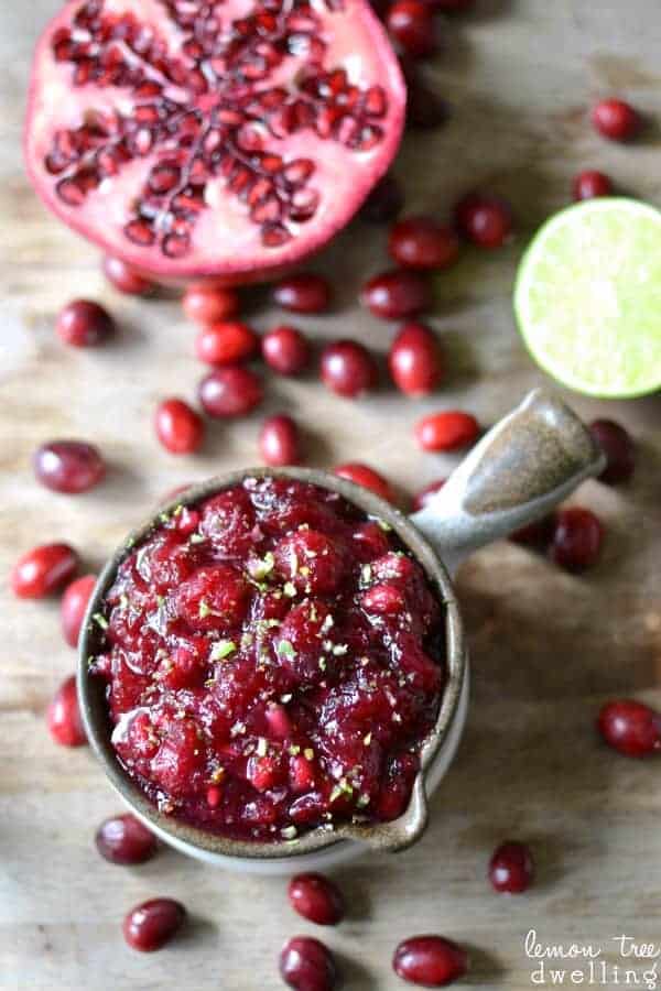 Gingered Pomegranate Lime Cranberry Sauce is a delicious twist on tradition. This ridiculously easy cranberry sauce is a gorgeous addition to your meal and perfect for the holidays!