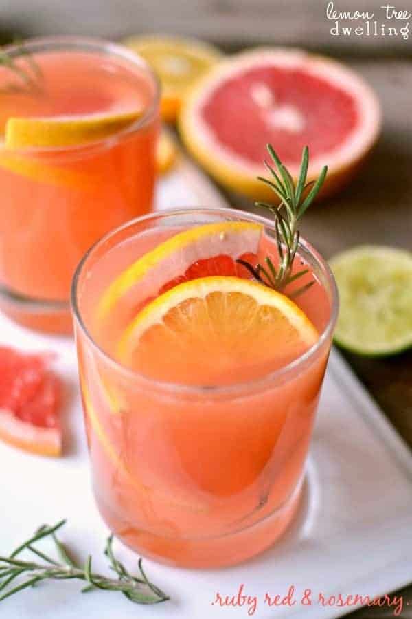 Ruby Red Rosemary Cocktail is a refreshing drink that makes a surprising addition to your fall table. Ruby red grapefruit juice with a splash of lemon and lime and a sweet rosemary simple syrup