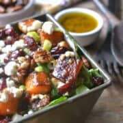 Roasted Butternut Squash Salad is a perfect addition to your Thanksgiving table. This gorgeous salad is full of tasty fall flavors, comes together quickly and looks beautiful next to your turkey dinner!