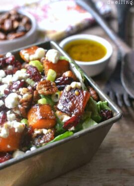 Roasted Butternut Squash Salad is a perfect addition to your Thanksgiving table. This gorgeous salad is full of tasty fall flavors, comes together quickly and looks beautiful next to your turkey dinner!