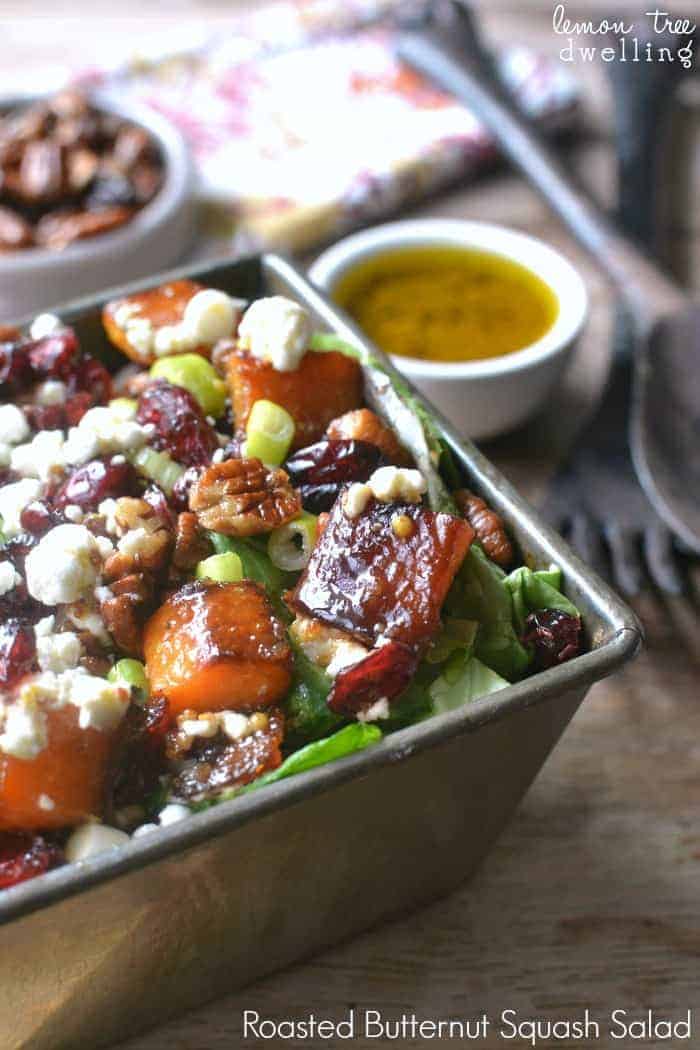 Roasted Butternut Squash Salad is a perfect addition to your Thanksgiving table. This gorgeous salad is full of tasty fall flavors, comes together quickly and looks beautiful next to your turkey dinner!