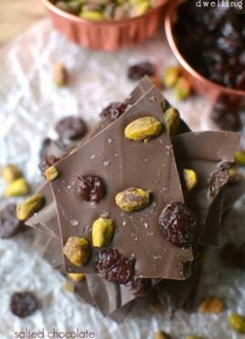 Salted Chocolate Cherry Pistachio Bark is a super easy chocolate bark that's topped with dried cherries, roasted pistachios, and a touch of sea salt. This 5-minute dessert is perfect for holiday gifting!
