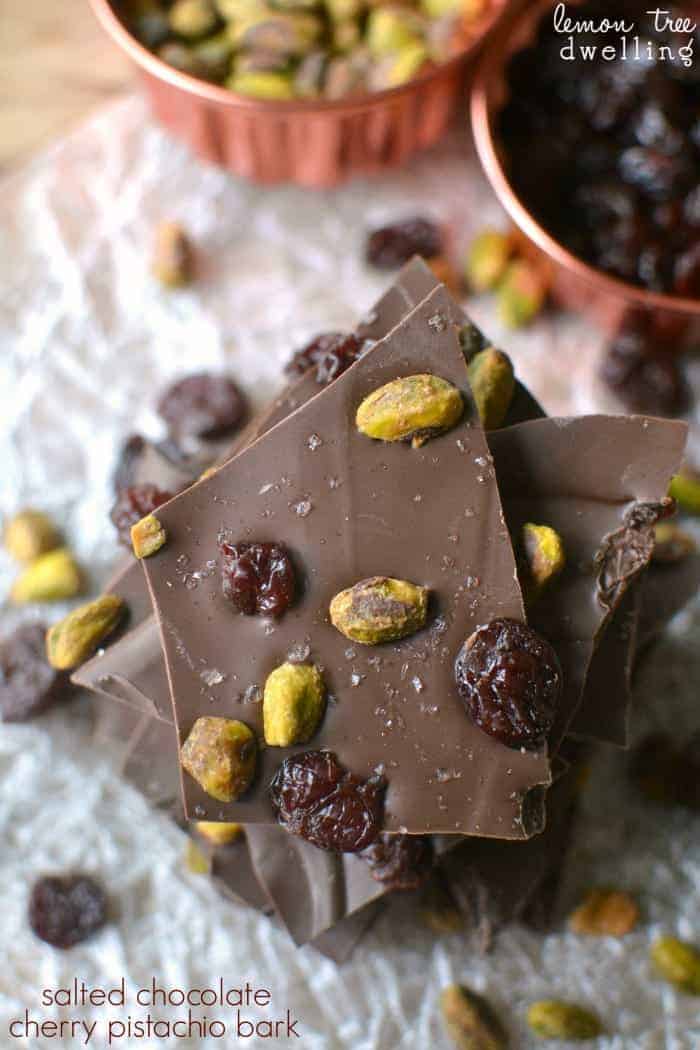 Salted Chocolate Cherry Pistachio Bark is a super easy chocolate bark that's topped with dried cherries, roasted pistachios, and a touch of sea salt. This 5-minute dessert is perfect for holiday gifting!