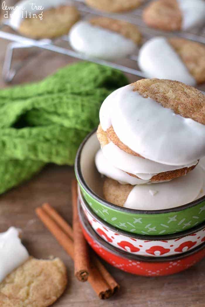 White Chocolate Dipped Snickerdoodles are packed full of cinnamon flavor and dipped in white chocolate for an added bonus. These quick and easy cookies are a delicious holiday treat. So delectable, they make a perfect gift for just about anyone on your list.