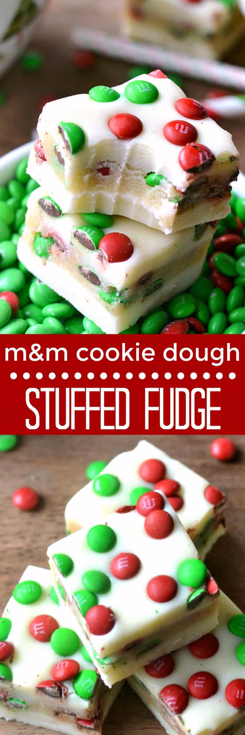M&M Cookie Dough Stuffed Fudge - Lemon Tree Dwelling M&M Cookie Dough Stuffed Fudge is an easy, delicious recipe thats perfect for the holidays. This 5 minute fudge is made with white chocolate stuffed with an M&M cookie dough and topped with more M&M's! A crowd pleaser and a great gift!
