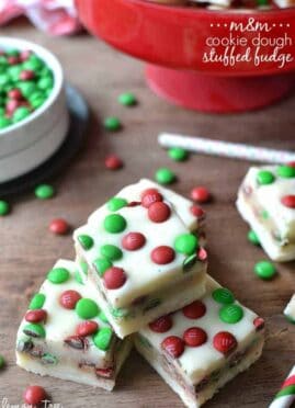 M&M Cookie Dough Stuffed Fudge is an easy, delicious recipe thats perfect for the holidays. This 5 minute fudge is made with white chocolate stuffed with an M&M cookie dough and topped with more M&M's! A crowd pleaser and a great gift!