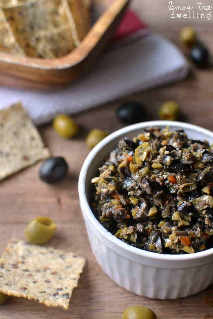 Olive Tapenade made with black and green olives is packed with flavor and perfect for dipping! This easy recipe comes together in minutes. Best tapenade ever!