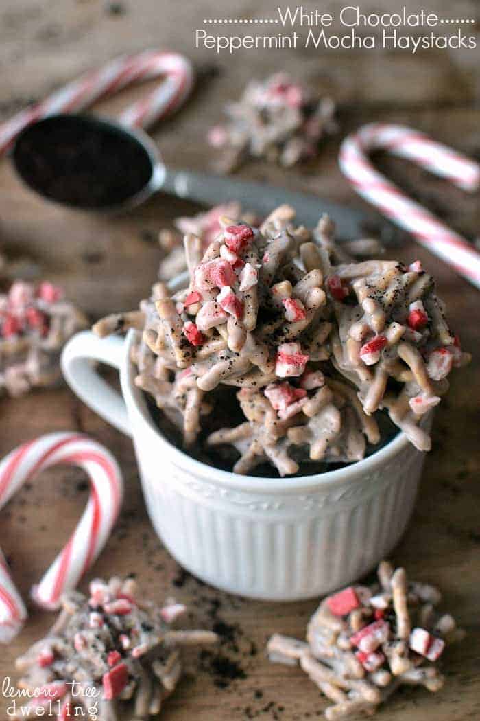 White Chocolate Peppermint Mocha Haystacks give a holiday makeover to an old classic treat! Christmas treats have never been more worth it than with this 4 ingredient recipe!