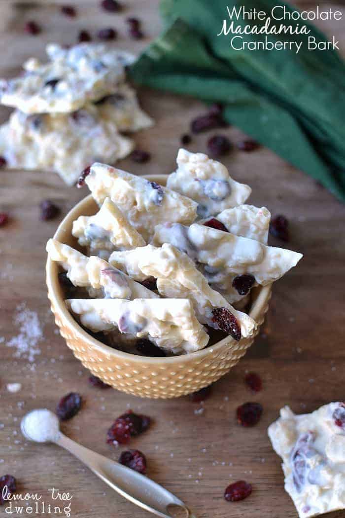 White Chocolate Macadamia Cranberry Bark makes a delicious 5 minute holiday treat. A classic combination in a crispy bark, finished off with a touch of sea salt. So delicious!