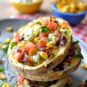 Loaded Cobb Potato Skins are a delicious mash up of cobb salad and potato skins.