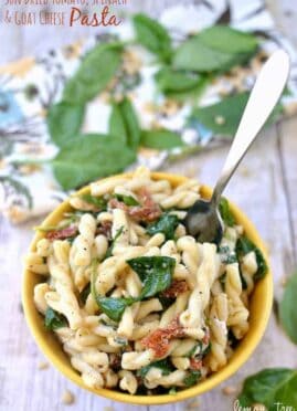 Sun Dried Tomato, Spinach and Goat Cheese Pasta is a delicious simple twist on traditional pasta, this vegetarian dish is perfect for lunch or dinner!