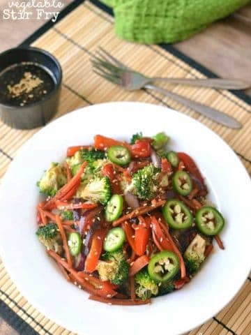 Quinoa Vegetable Stir Fry is made with fresh vegetables, quinoa, and a homemade soyaki sauce.