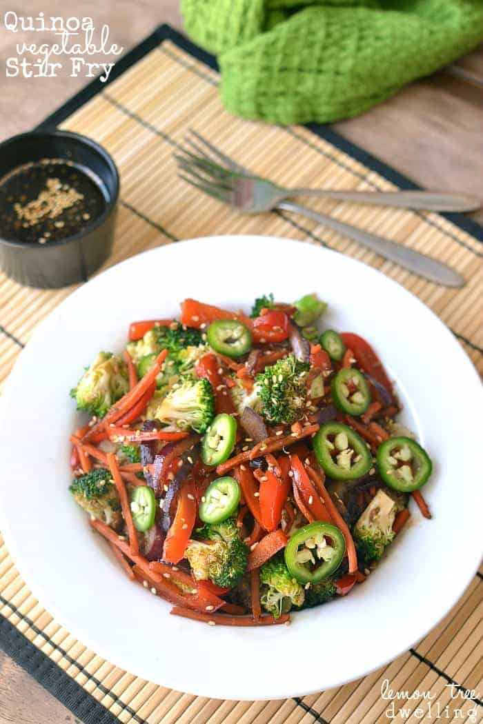 Quinoa Vegetable Stir Fry is made with fresh vegetables, quinoa, and a homemade soyaki sauce.