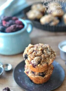Triple Berry Quinoa Muffins are a delicious quick snack and portable breakfast. A delicious, high-protein, low-sugar, grab-and-go breakfast!