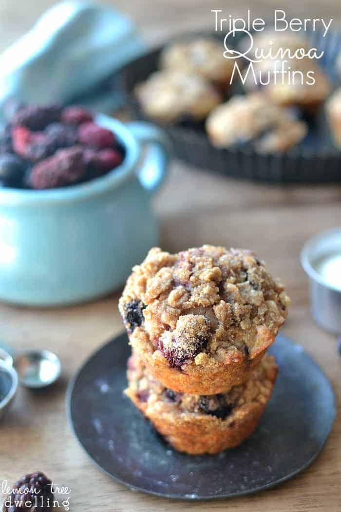 Triple Berry Quinoa Muffins are a delicious quick snack and portable breakfast. A delicious, high-protein, low-sugar, grab-and-go breakfast!