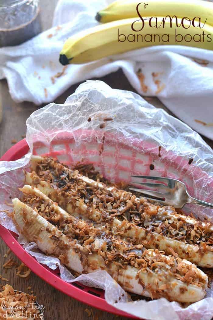 Samoa Banana Boats are a healthier alternative to the Samoa Girl Scout Cookies.