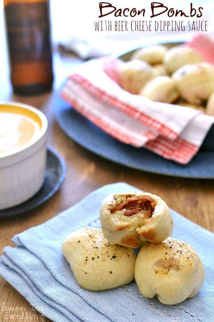 Bacon Bombs with Beer Cheese Dipping Sauce will be your new favorite appetizer! These bite sized rolls with bacon are the perfect combination for game day!