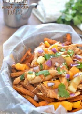 BBQ Chicken Sweet Potato Poutine is a delicious twist on a classic Canadian dish. Made with crispy sweet potato fries, this easy dish is perfect for snack time, dinnertime, or game time!