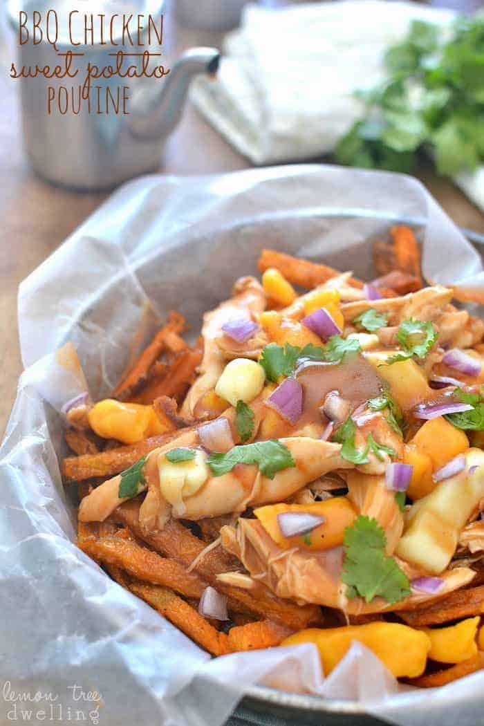 BBQ Chicken Sweet Potato Poutine is a delicious twist on a classic Canadian dish. Made with crispy sweet potato fries, this easy dish is perfect for snack time, dinnertime, or game time!