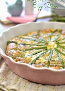 Bacon, Swiss and Asparagus Egg Bake is a delicious crust-less dish that's loaded with delicious flavors. This is a perfect Easter brunch dish for spring!