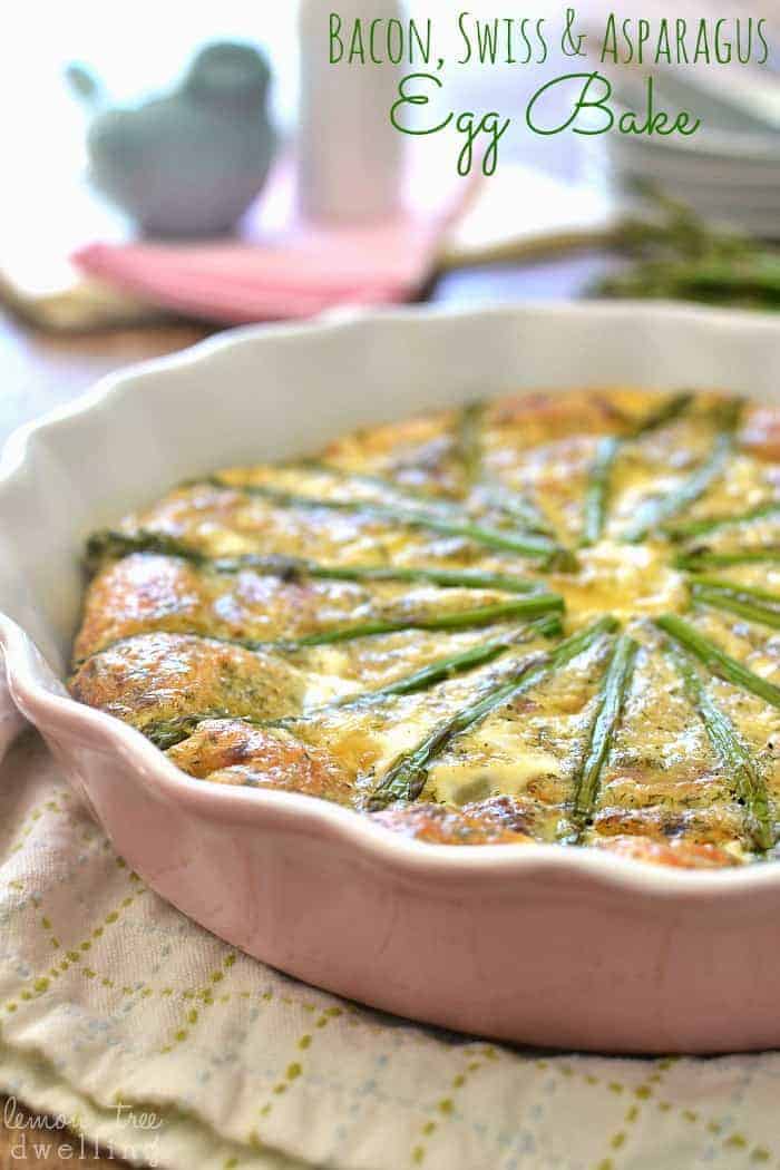 Bacon, Swiss and Asparagus Egg Bake is a delicious crust-less dish that's loaded with delicious flavors. This is a perfect Easter brunch dish for spring!
