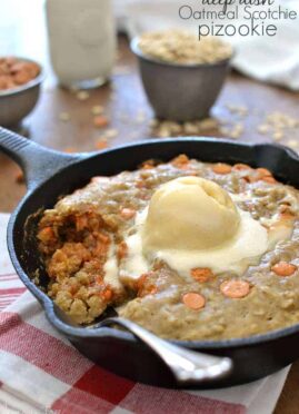 An Oatmeal Scotchie Pizookie is a deep dish decadent dessert everyone can enjoy! This lightened up version is a perfect hot dish for those cold winter nights, reminiscent of a warm oatmeal cookie!