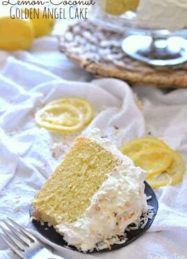 Lemon-Coconut Golden Angel Food Cake is a light and airy dessert topped with lemony whipped cream, toasted coconut, and candied lemon slices. A delicious cake