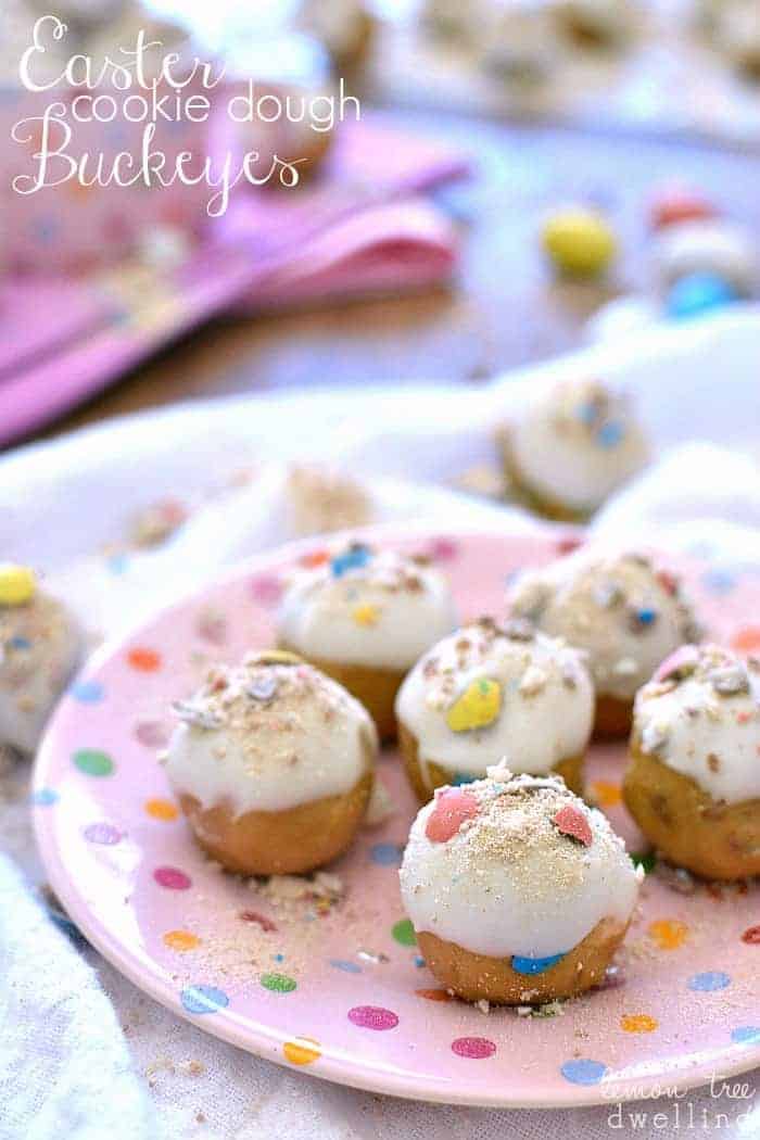 Easter Cookie Dough Buckeyes are made with peanut butter cookie dough and stuffed with malted milk balls and dipped in white chocolate.